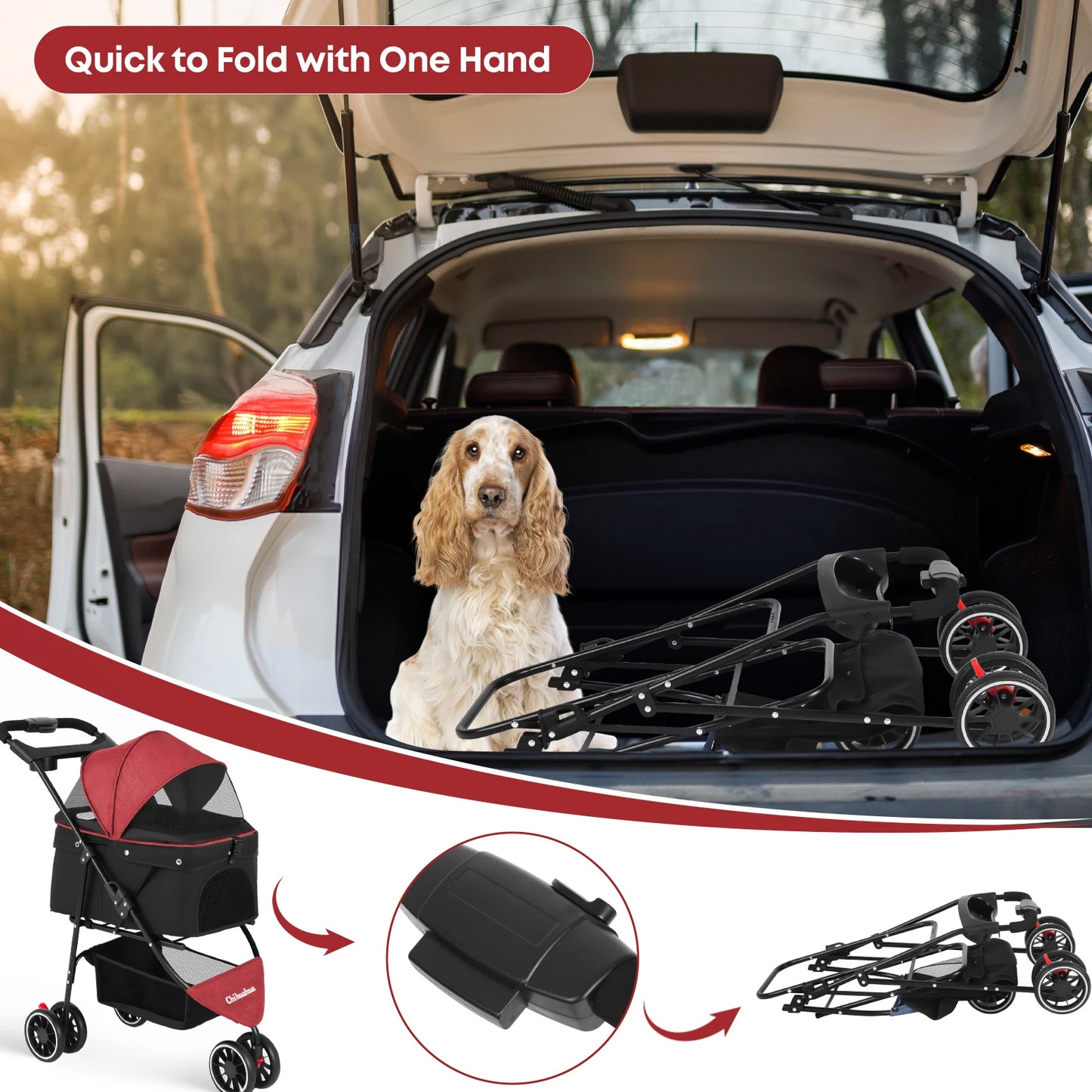 Pet Stroller For Small and Medium Cats & Dogs, 3 Wheels Foldable with Breathable Mesh Canopy, Pet Travel Carrier Suitable Outdoor Travel