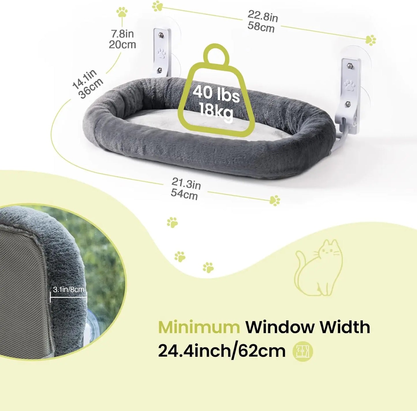 Foldable Cat Window Perch with 4 Strong Suction Cups, Cordless Cat Window Hammock Removable Soft Cover White Brown Green