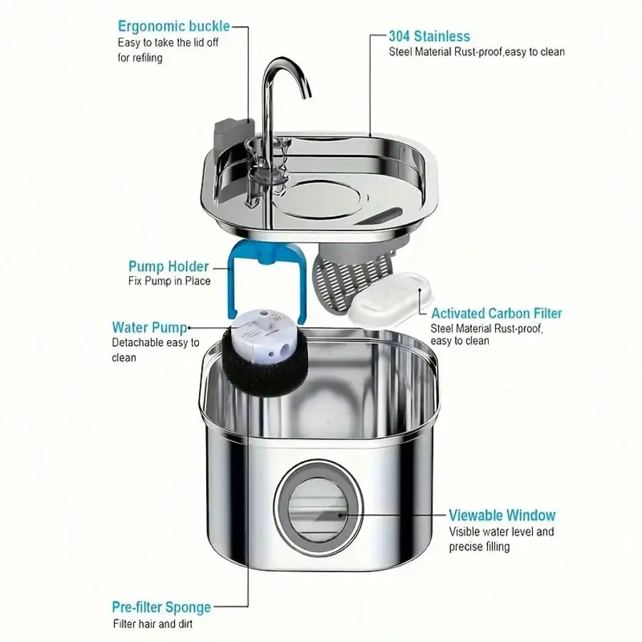 1pc 108.2oz Stainless Steel Quiet Cat and  Dog Water Fountain USB-Powered