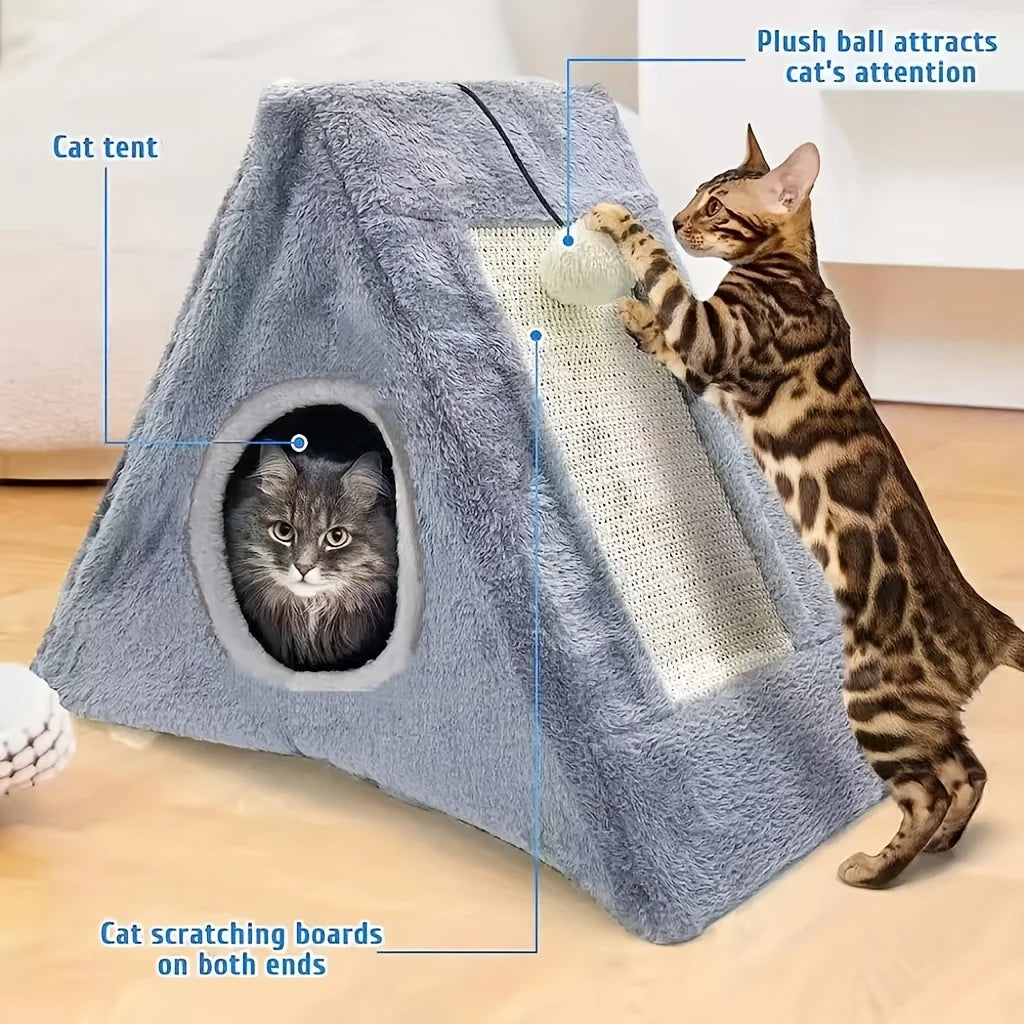 Pet bed suitable for cats under 15 pounds with plush toy ball and cat scratching board