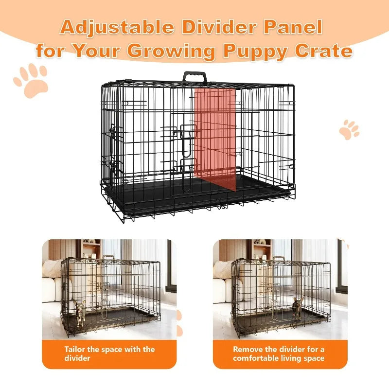 Dog Crate 36 Inch Medium Dog Cage with Divider, Leak-Proof Tray, Double Door,Folding Metal Wire Cage, Indoor Outdoor Travel