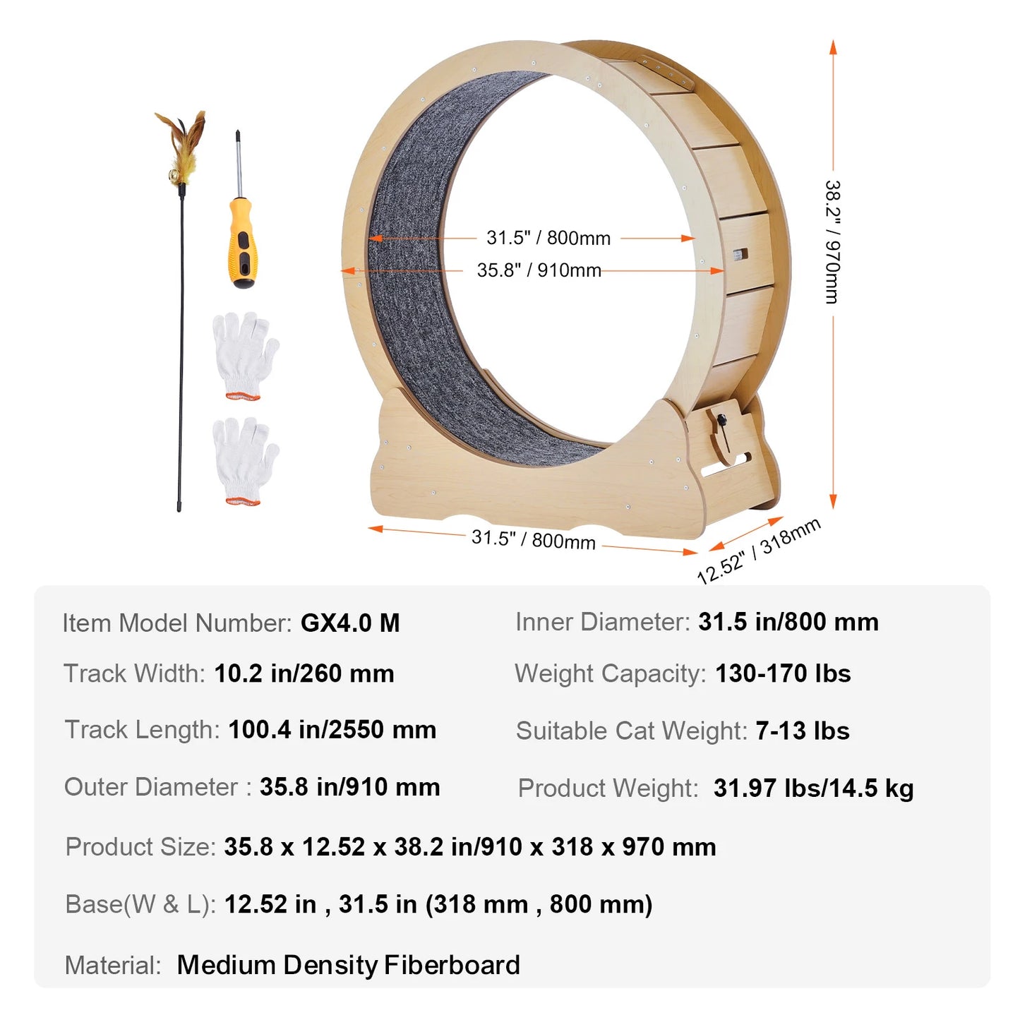 SucceBuy Wooden Cat Exercise Wheel, Treadmill Wheel for Indoor Cat, Running Wheel with Detachable Carpet& Cat Teaser