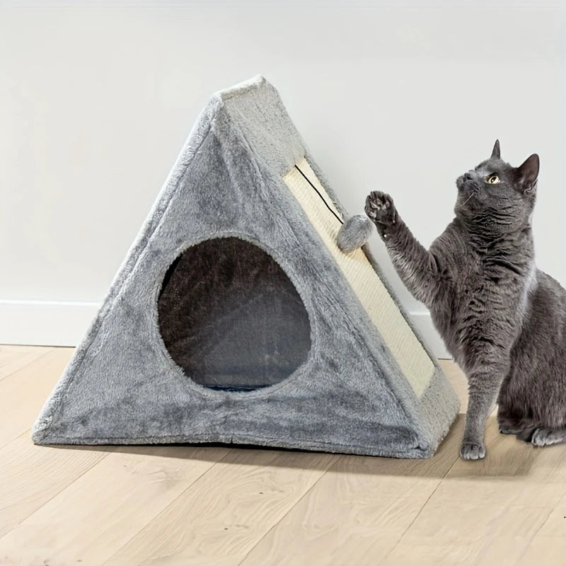 Pet bed suitable for cats under 15 pounds with plush toy ball and cat scratching board