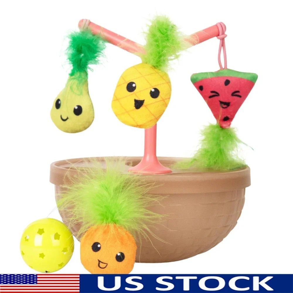 Wobbling Cat Toy Fruit Bowl with 5 Interactive Catnip Toys, Jingle Ball Plush Flingers Indoor Entertainment For Cats