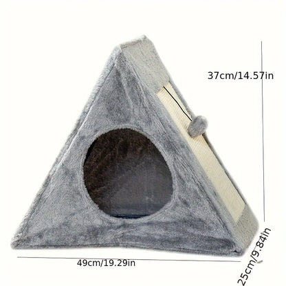 Pet bed suitable for cats under 15 pounds with plush toy ball and cat scratching board