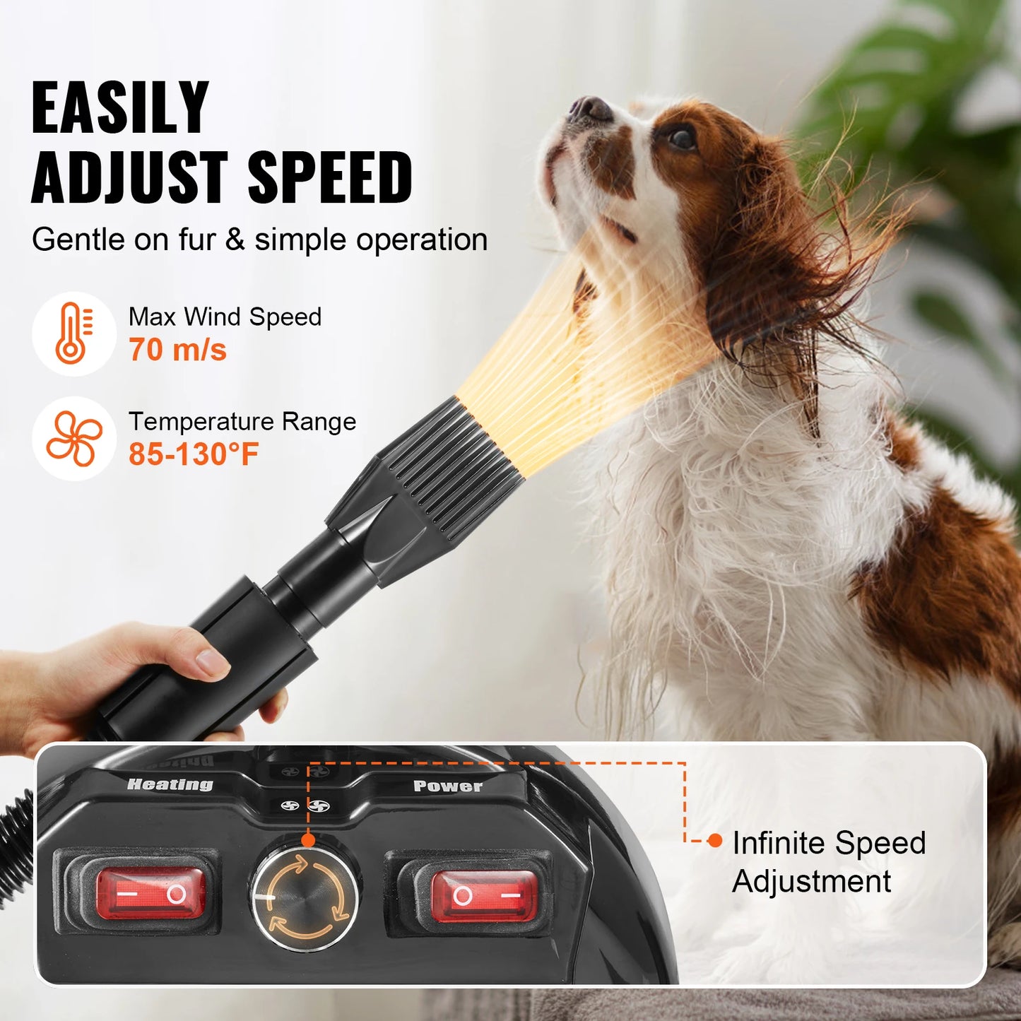 SucceBuy 2000W/2.7HP Dog Blow Dryer with Adjustable Speed and Temperature Control with 4 Nozzle and Extendable Hose for Pet Hair Grooming