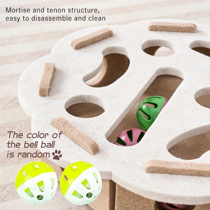 Interactive Cat Puzzle Toy, Felt Toy Box with Maze Tunnel, Bell, and Ball, Indoor Entertainment Cat Toy