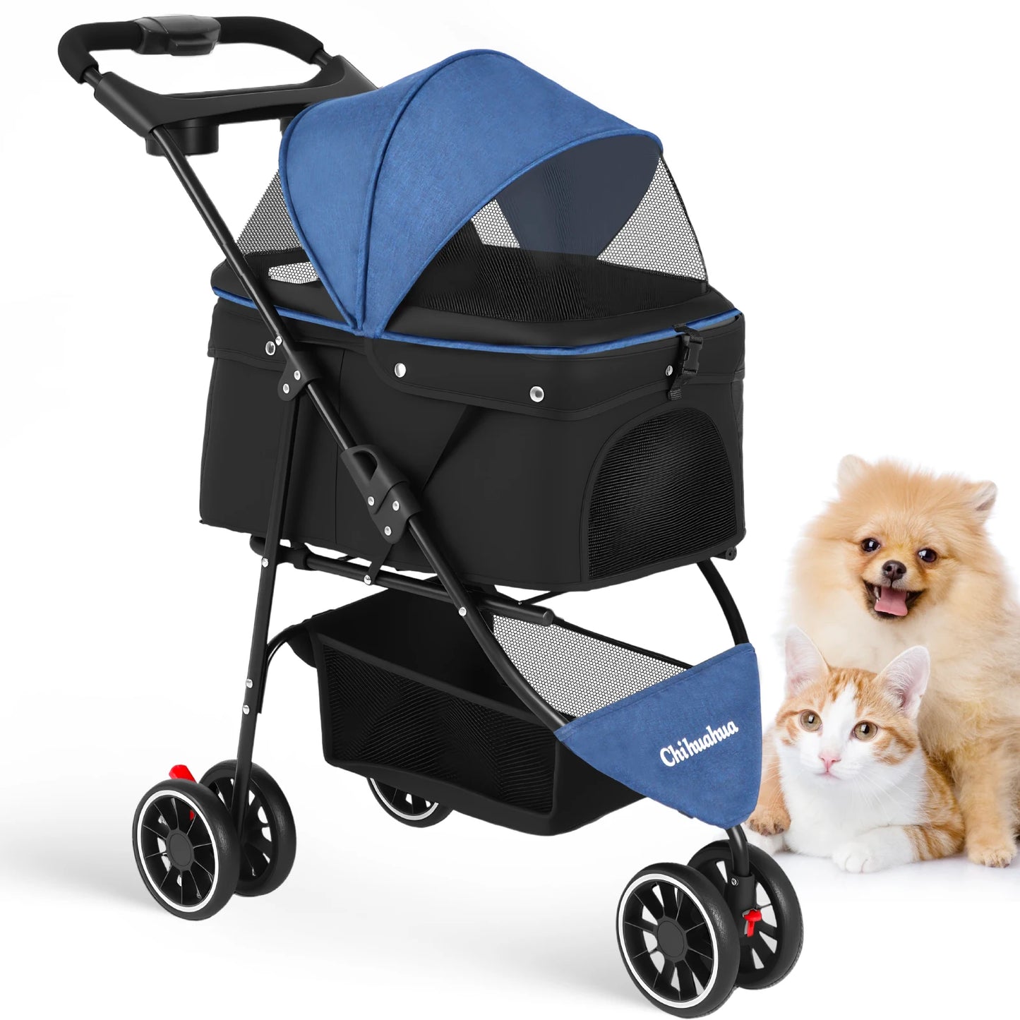 Pet Stroller For Small and Medium Cats & Dogs, 3 Wheels Foldable with Breathable Mesh Canopy, Pet Travel Carrier Suitable Outdoor Travel