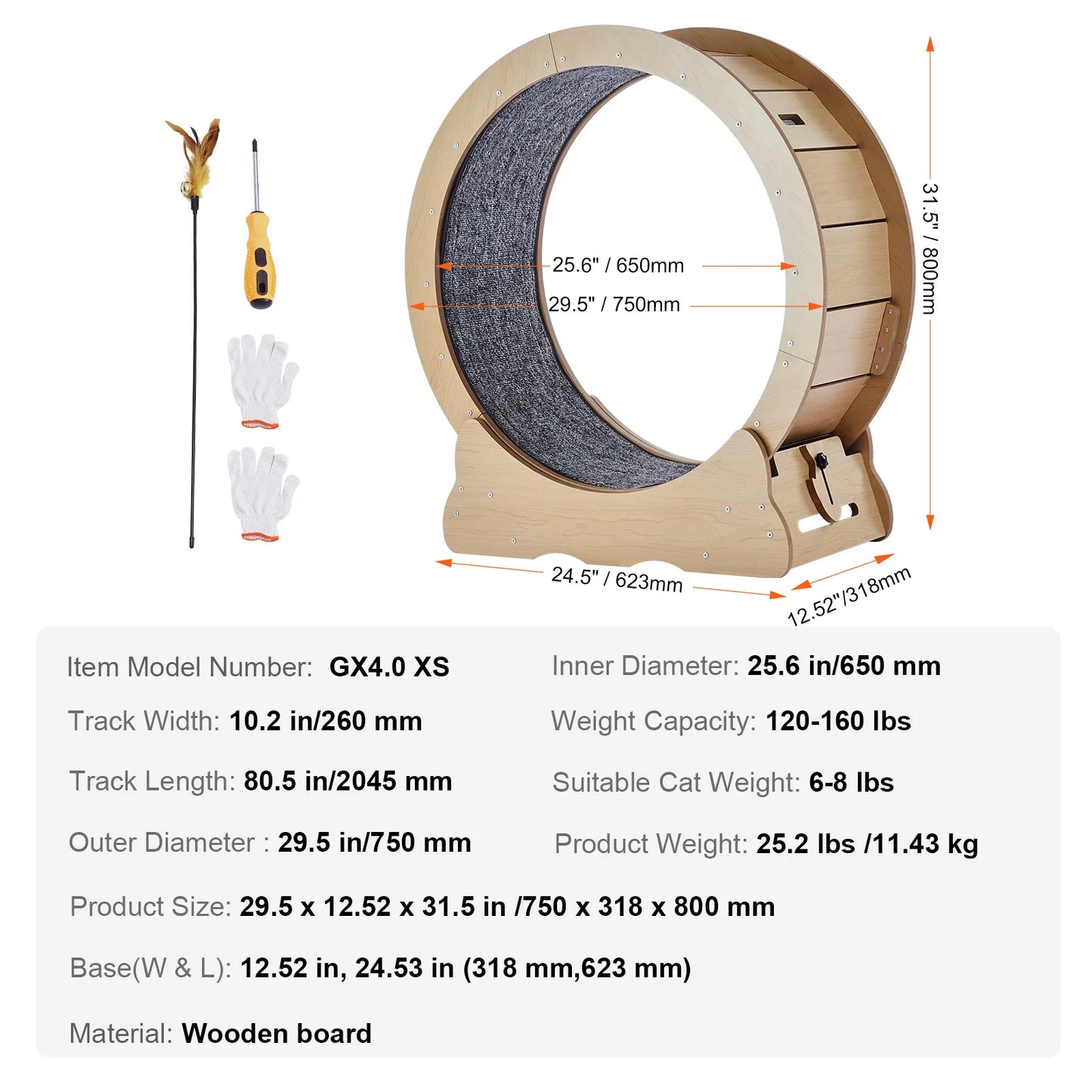SucceBuy Wooden Cat Exercise Wheel, Treadmill Wheel for Indoor Cat, Running Wheel with Detachable Carpet& Cat Teaser
