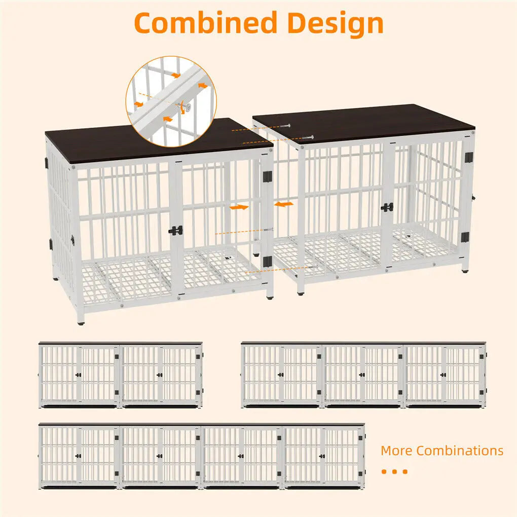 Heavy Duty Dog Kennels, Metal and Wooden Dog Crate End Table, Furniture Style Pet Cage with Three Doors and Removable Tray