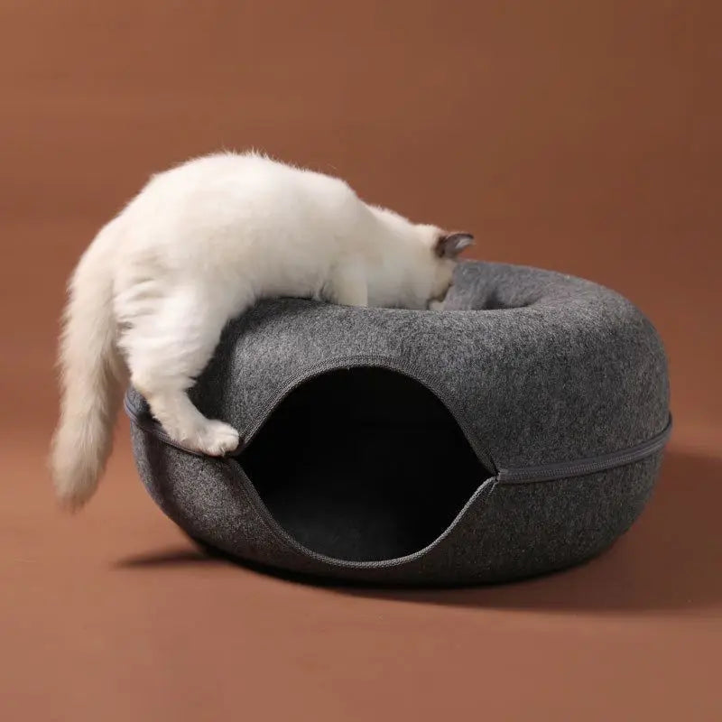 Donut Cat Bed with Interactive Tunnel , Felt Indoor Toys for Cats