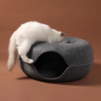 Donut Cat Bed with Interactive Tunnel , Felt Indoor Toys for Cats