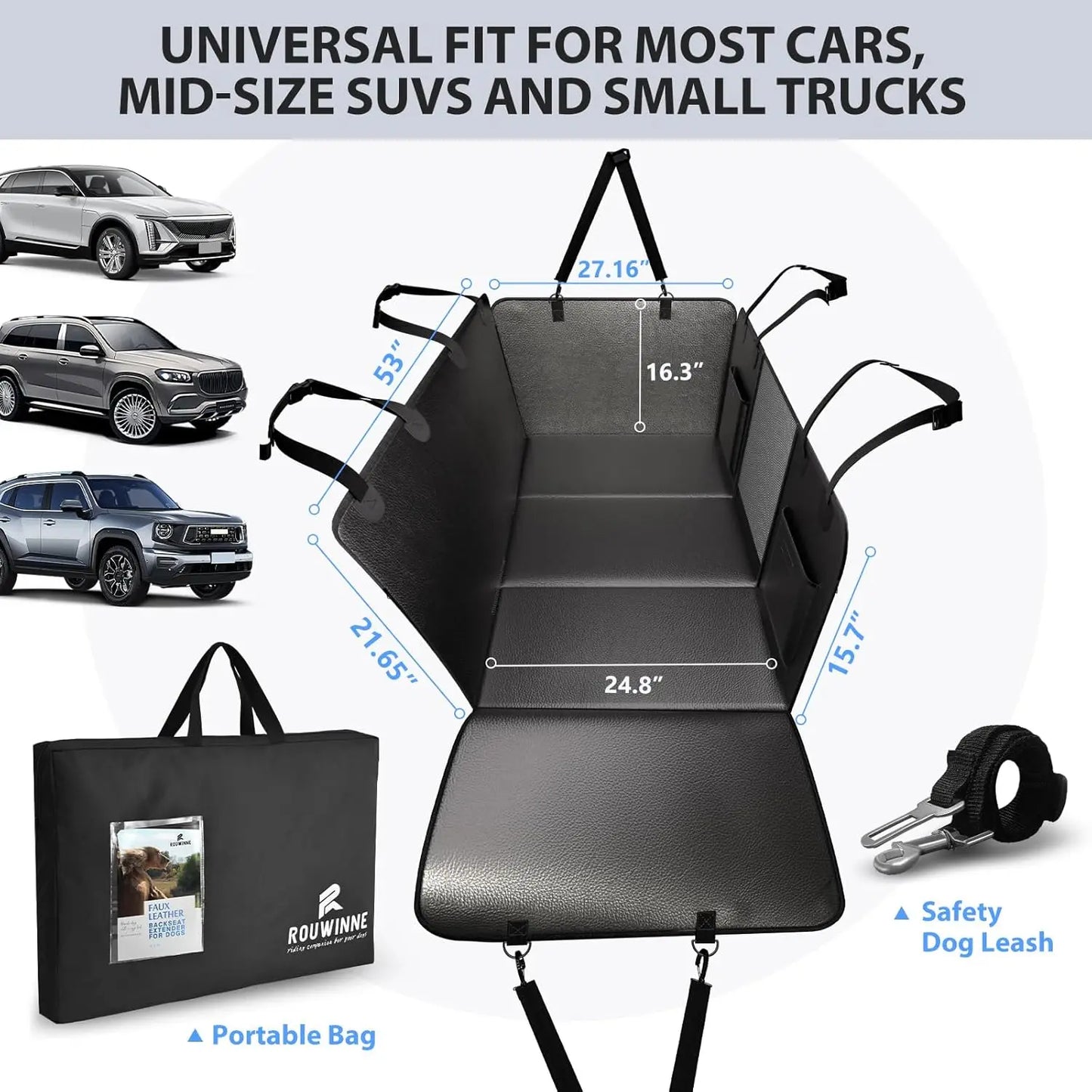 Upgraded PU Leather Dog Car Seat Cover, Waterproof Back Seat Extender for Dogs, Anti-Scratch Hard Bottom, Fits SUV, Supports