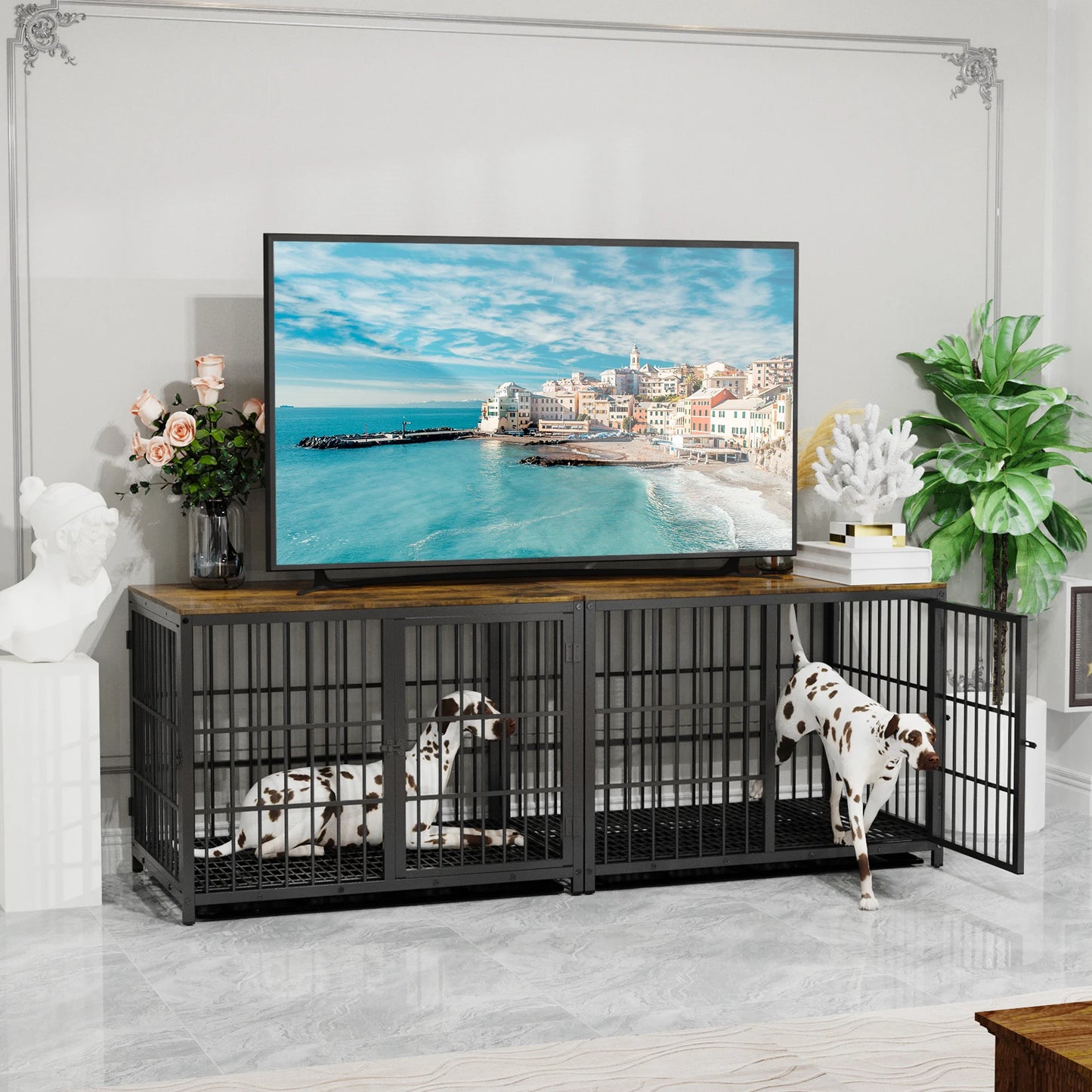 Furniture Style Dog Crate, Metal and Wood, Pet Kennel End Table with Three Doors and Removable Tray