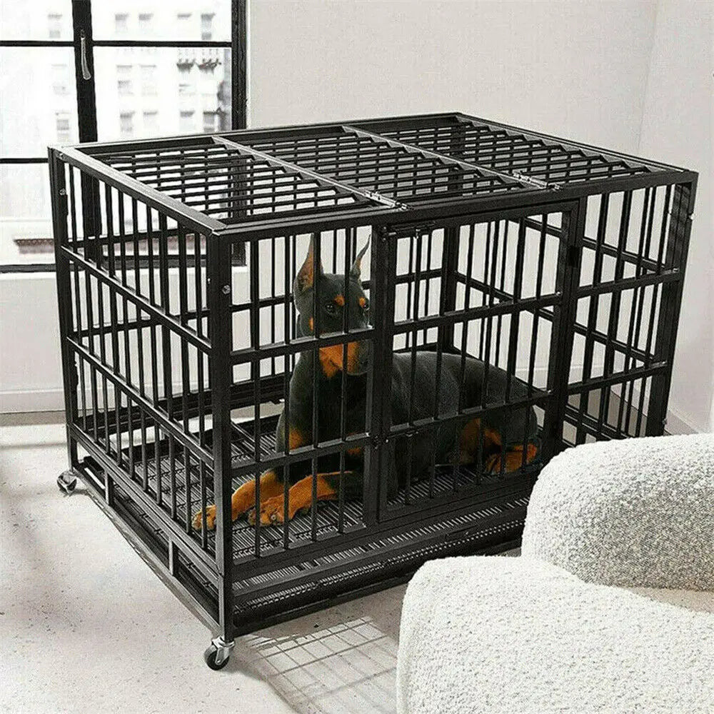 L XL XXL Heavy Duty Metal Dog Crate with 4 Lockable Wheels, 3 Doors and Removable Tray