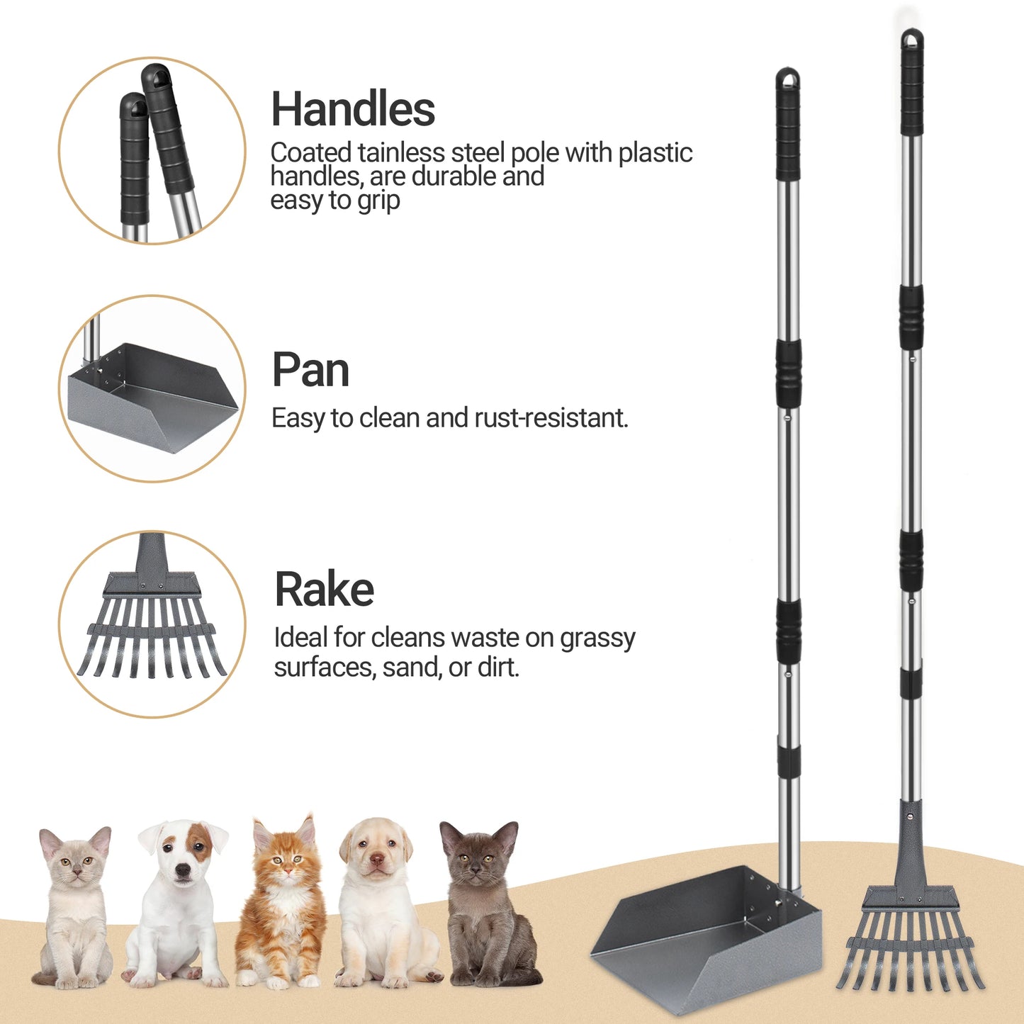 Dog Pooper Scooper, Tray and Rake Set, Pet Waste Removal Scoop with Long Adjustable Sectional Stainless Handles