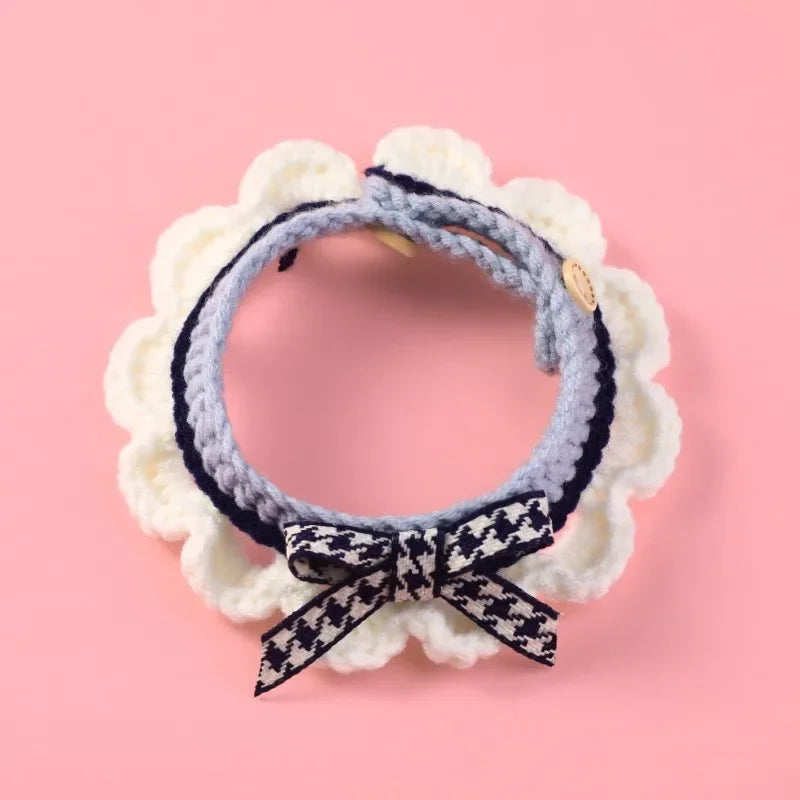 Cute Bow-knot Hand-knitted Cat or Puppy  Adjustable Collar
