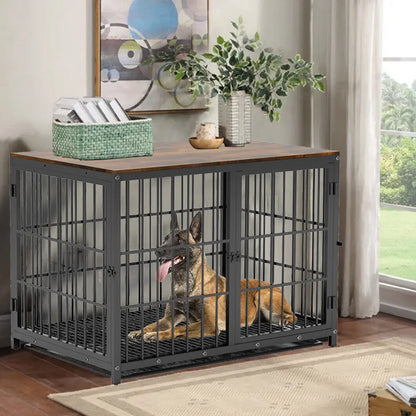 Furniture Style Dog Crate, Metal and Wood, Pet Kennel End Table with Three Doors and Removable Tray