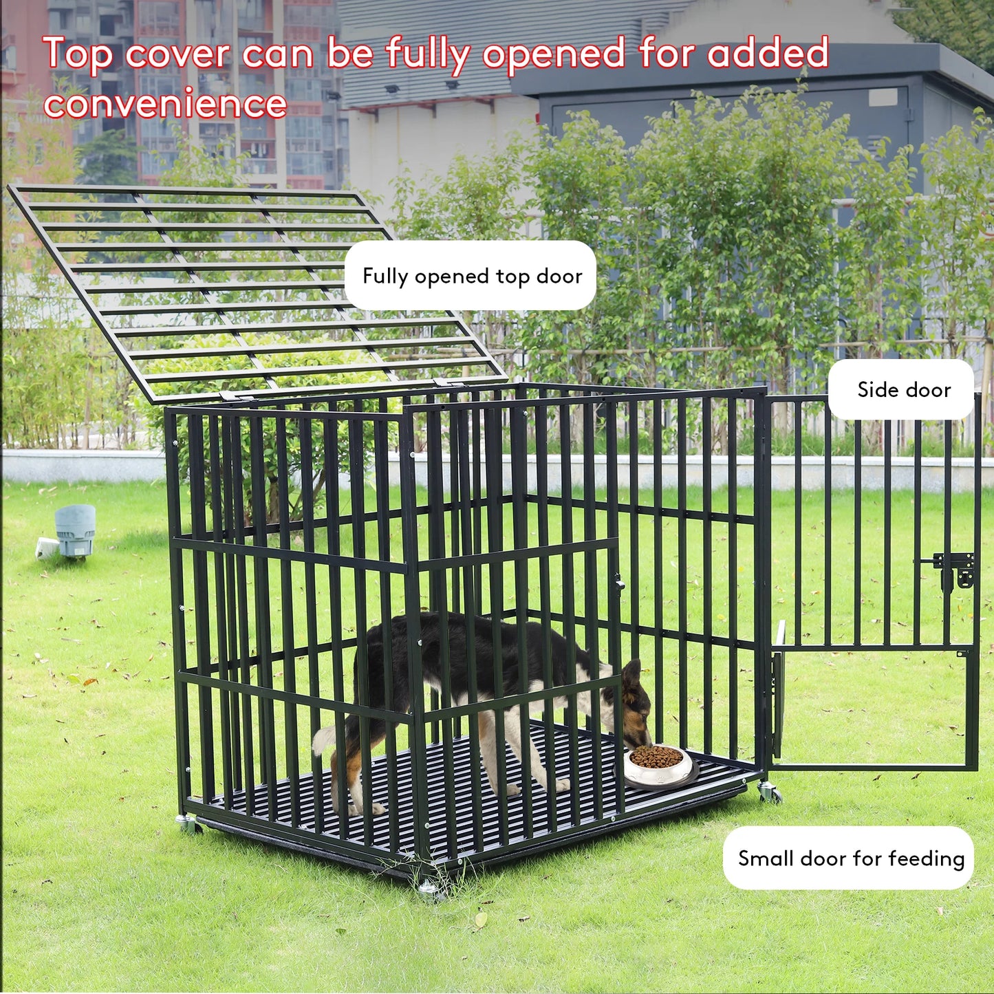 L XL XXL Heavy Duty Metal Dog Crate with 4 Lockable Wheels, 3 Doors and Removable Tray