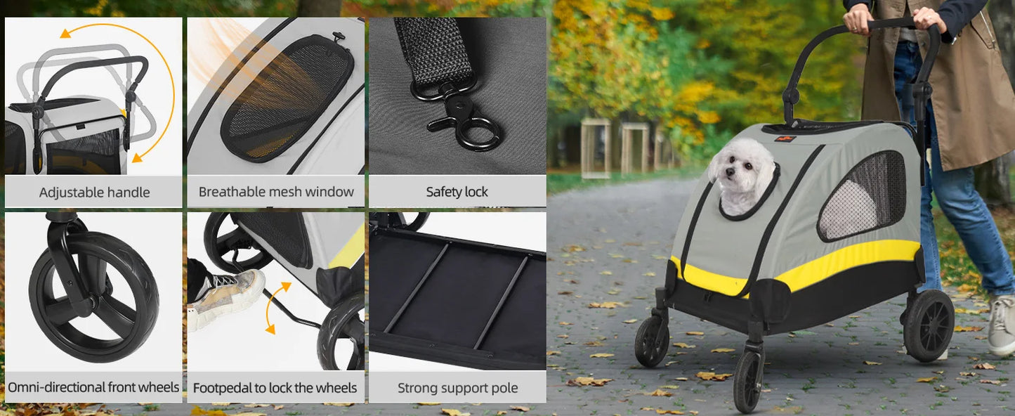 Premium Dog Stroller Pram 4 Wheel Foldable Cart, Pet Jogger Wagon for Small, Medium or Large Dogs