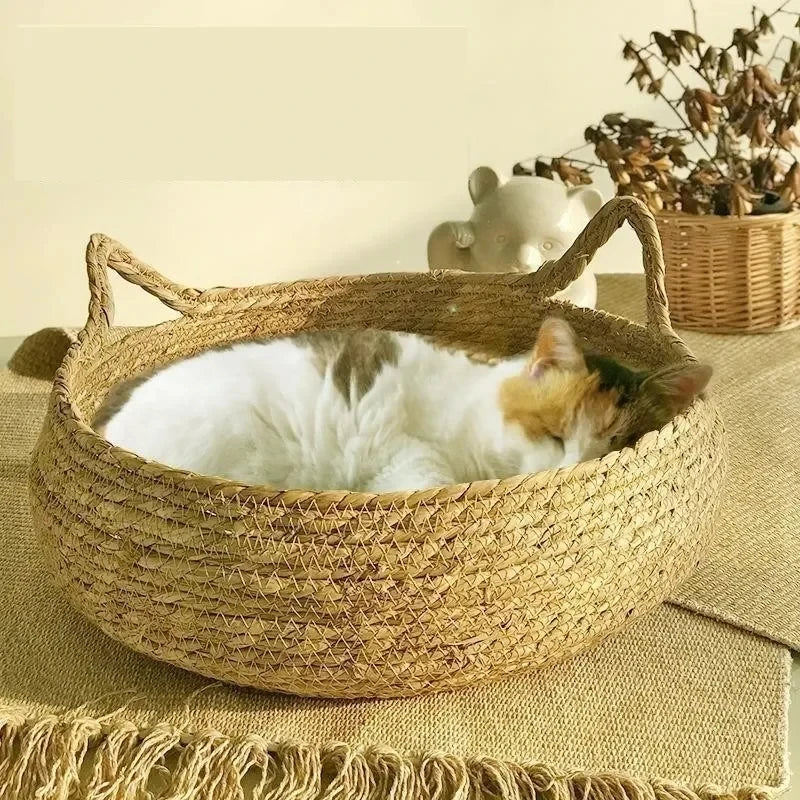 All Seasons Pure hand-woven rattan cat nest,  universal warm pad is removable and washable