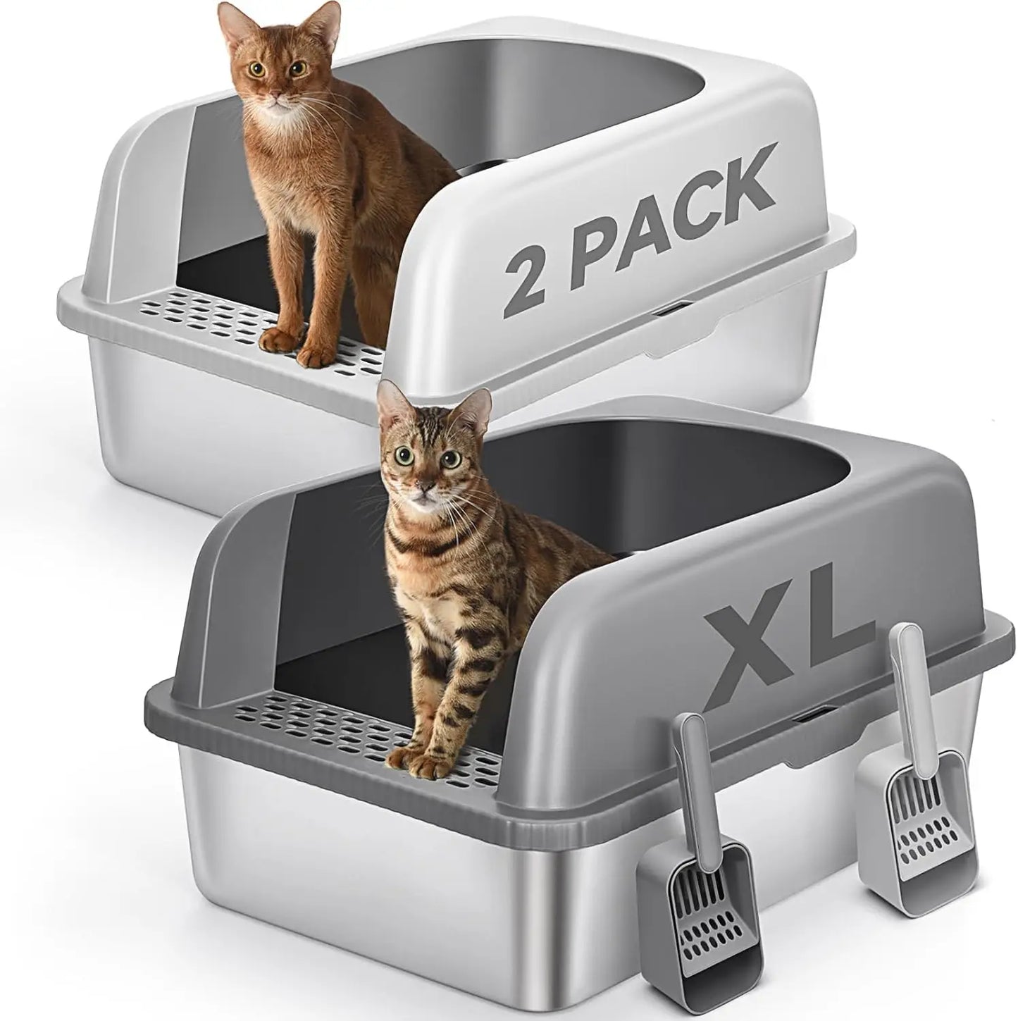 2-Pack Stainless Steel Cat Litter Box with Lid, XL Size for Large Cats, Enclosed Design to Prevent Scatter