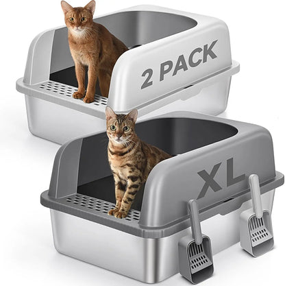 2-Pack Stainless Steel Cat Litter Box with Lid, XL Size for Large Cats, Enclosed Design to Prevent Scatter