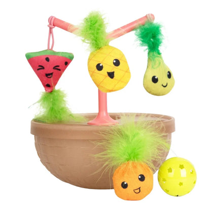 Wobbling Cat Toy Fruit Bowl with 5 Interactive Catnip Toys, Jingle Ball Plush Flingers Indoor Entertainment For Cats