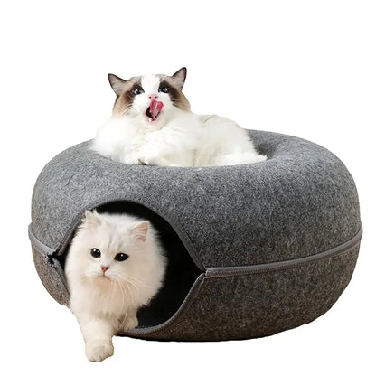 Donut Cat Bed with Interactive Tunnel , Felt Indoor Toys for Cats