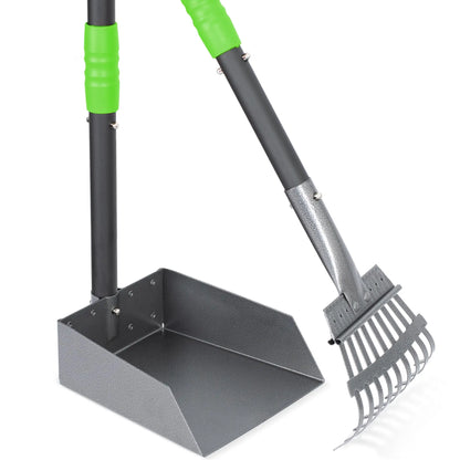Dog Pooper Scooper, Tray and Rake Set, Pet Waste Removal Scoop with Long Adjustable Sectional Stainless Handles