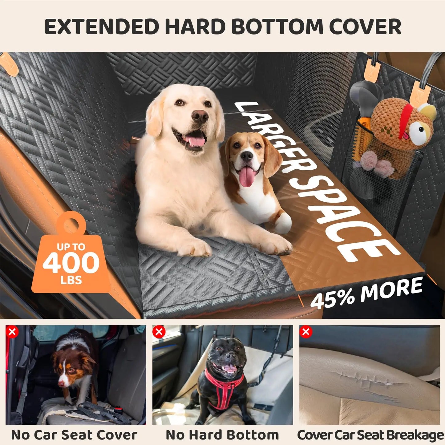 Car Rear Seat Dog Seat Cover, Hard Bottom, Rear Seat Extender, Load-Bearing 400 Pounds, Heavy-Duty Anti-Scratch, Washable Dog Hammock for Cars and Suvs