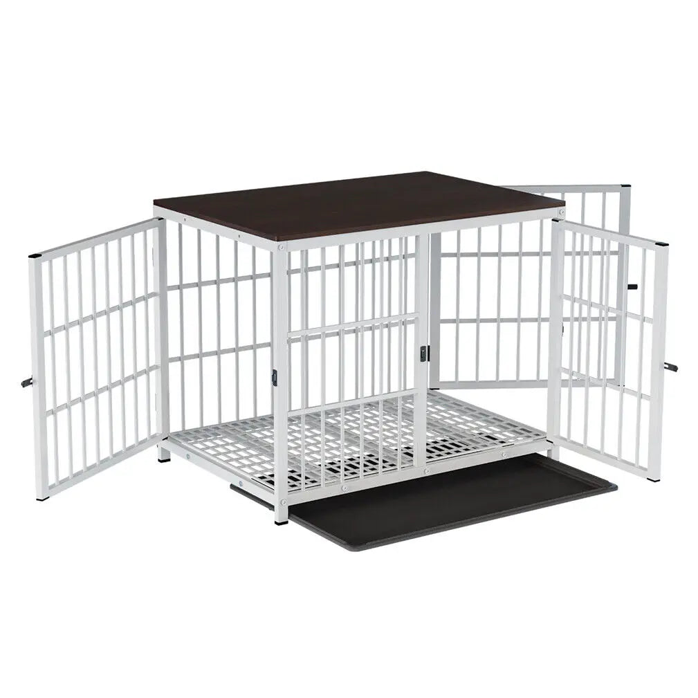 Heavy Duty Dog Kennels, Metal and Wooden Dog Crate End Table, Furniture Style Pet Cage with Three Doors and Removable Tray
