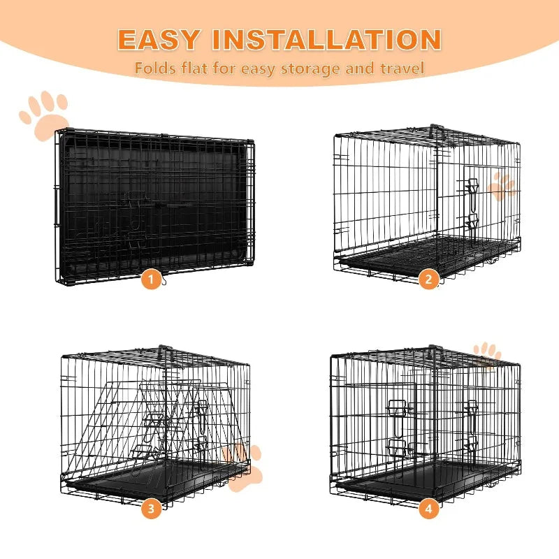 Dog Crate 36 Inch Medium Dog Cage with Divider, Leak-Proof Tray, Double Door,Folding Metal Wire Cage, Indoor Outdoor Travel