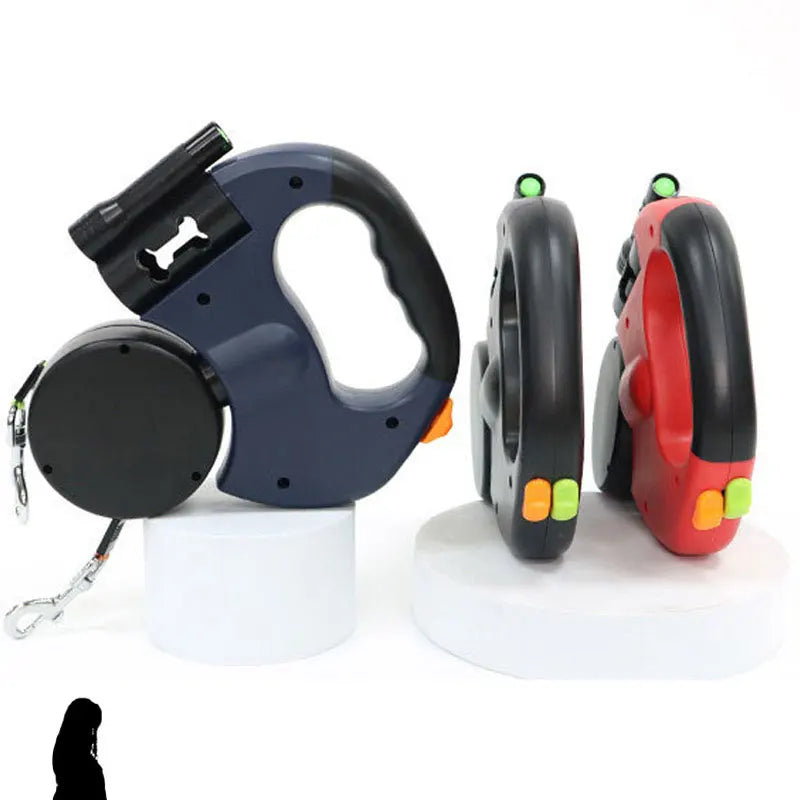 3in1  Reflective Double Head Automatic retractable Dog leash with Flashlight, Poop Bag Dispenser,