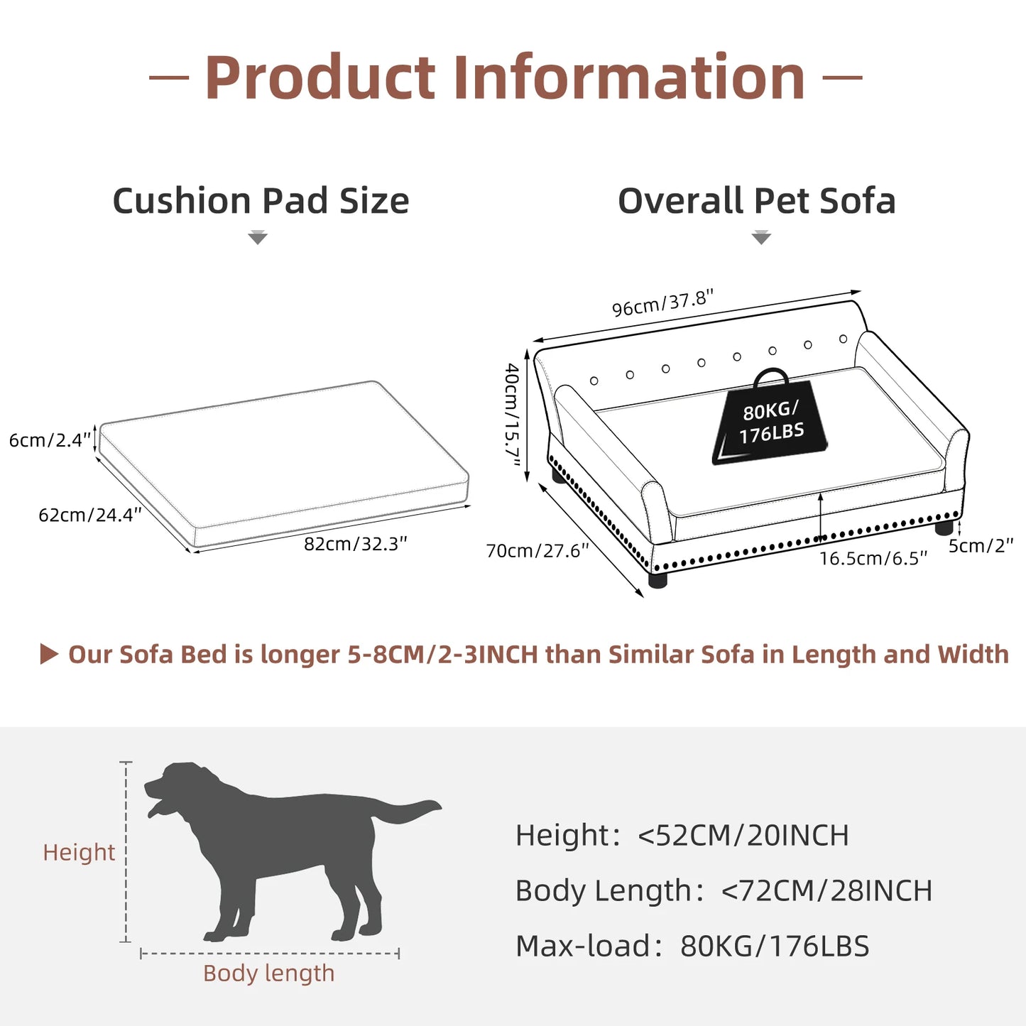 Elevated Dog Bed Sofa, Microfiber, Leather Cover for Large Pet with Removable Cushion