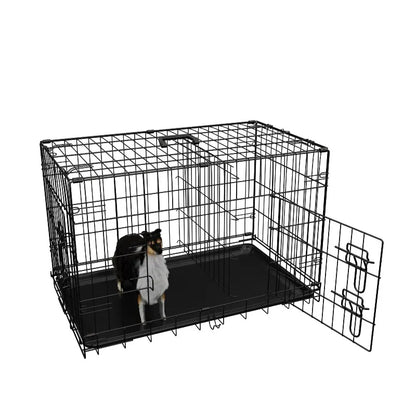 Dog Crate 36 Inch Medium Dog Cage with Divider, Leak-Proof Tray, Double Door,Folding Metal Wire Cage, Indoor Outdoor Travel
