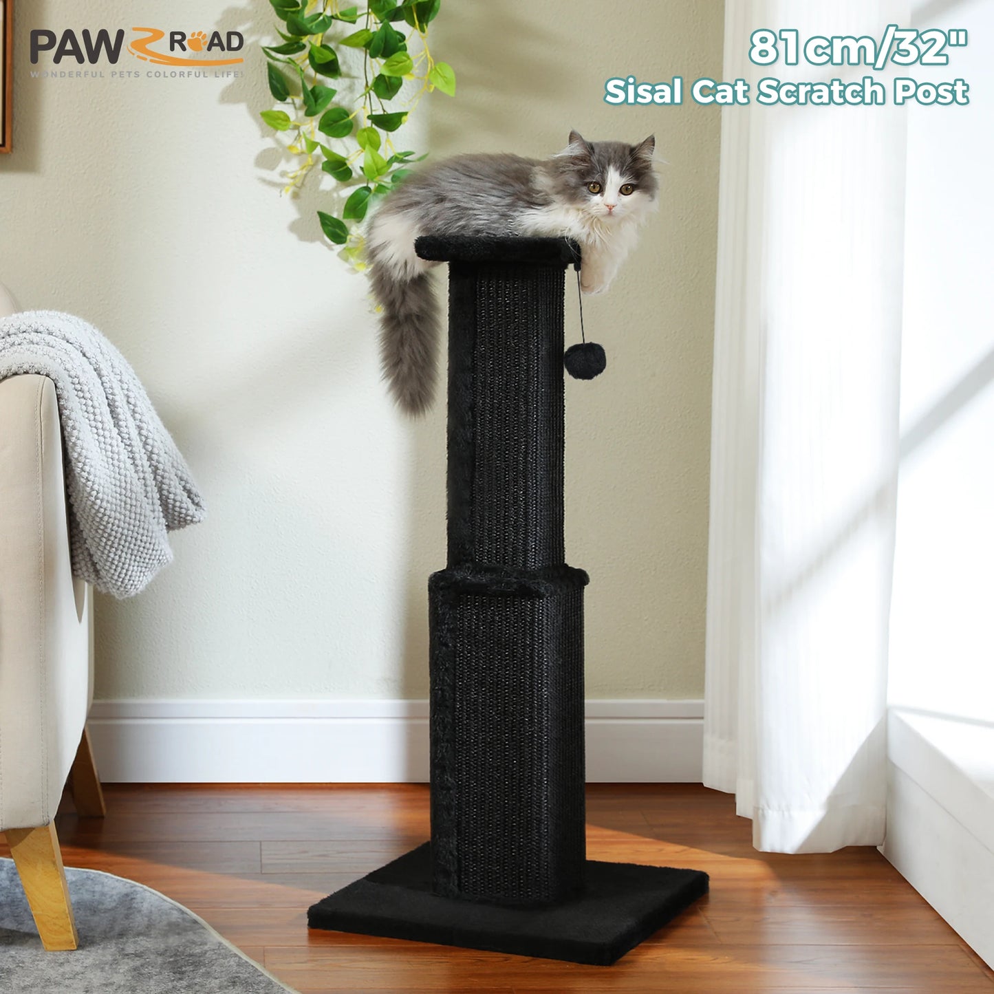 Large Cat Scratching Post for Indoor Cats, Ultimate Scratch Post with Woven Sisal Dangling Ball
