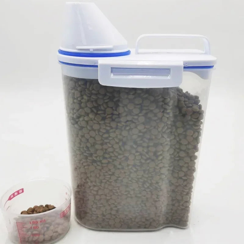 1.5kg/2kg Dog or Cat Food  Plastic Storage Tank with Measuring Cup, Container Moisture-proof Sealed Jar