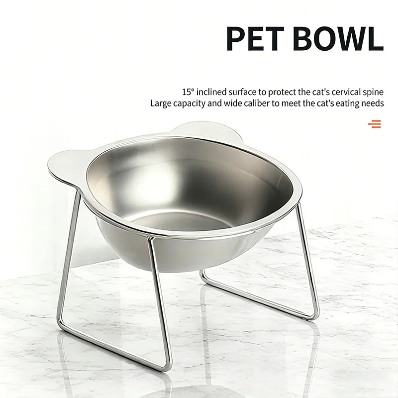 New 304 Stainless Steel Elevated Cat Bowl 15° Tilted Raised Design with Neck Guard, Healthy Feeding, Shatterproof for Cats