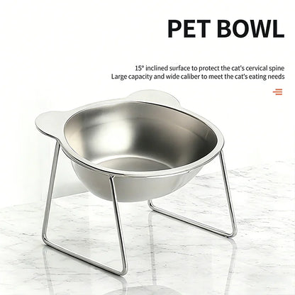 New 304 Stainless Steel Elevated Cat Bowl 15° Tilted Raised Design with Neck Guard, Healthy Feeding, Shatterproof for Cats