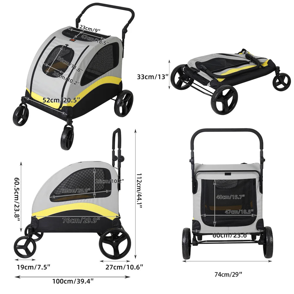 Premium Dog Stroller Pram 4 Wheel Foldable Cart, Pet Jogger Wagon for Small, Medium or Large Dogs