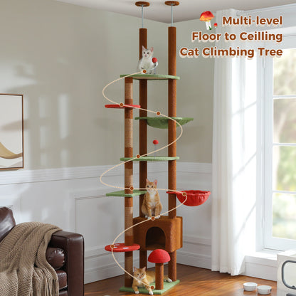 Cat Tree, Floor to Ceiling, Cat Tower Adjustable Height with Cat Condo, Cozy Hammock and Scratching Post