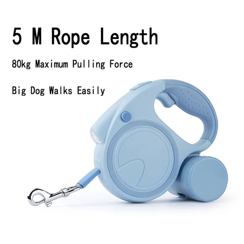 Dog Leash With Led Lights and Garbage Bag, Retractable Nylon 5M Traction Rope,