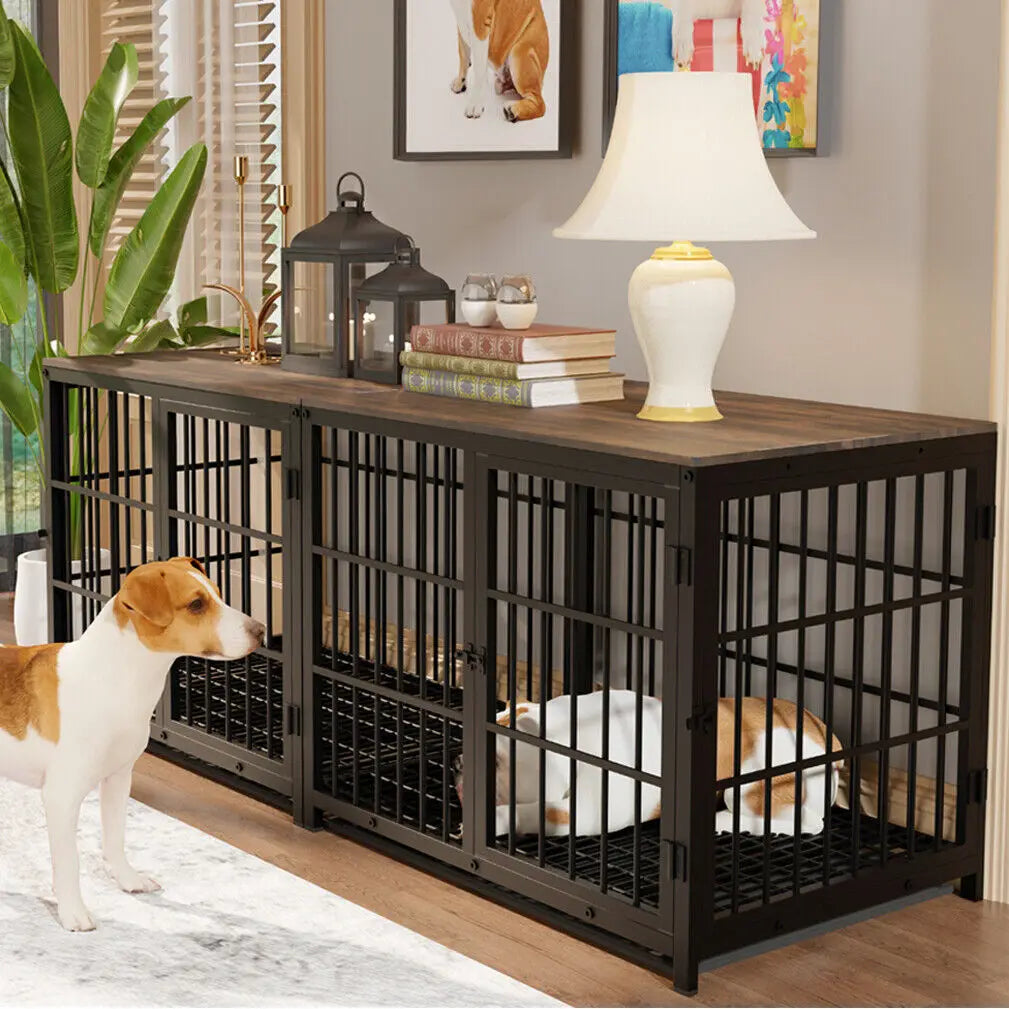 Furniture Style Dog Crate, Metal and Wood, Pet Kennel End Table with Three Doors and Removable Tray
