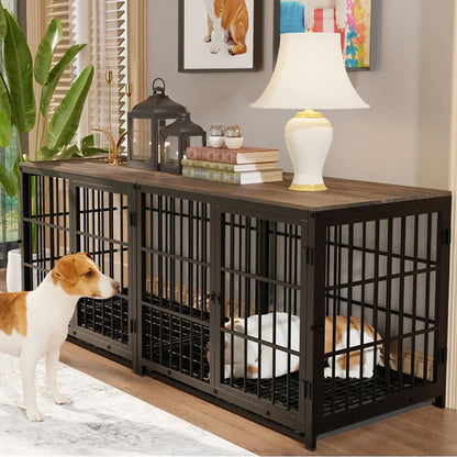 Furniture Style Dog Crate, Metal and Wood, Pet Kennel End Table with Three Doors and Removable Tray