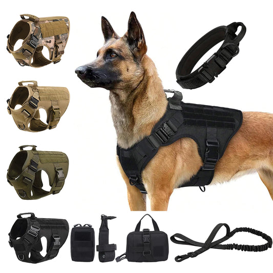 Tactical Dog Harness Collar Leash Molle Pouches For Medium and Large Dogs, Walking Vest Dog Harnesses