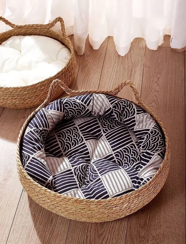 All Seasons Pure hand-woven rattan cat nest,  universal warm pad is removable and washable