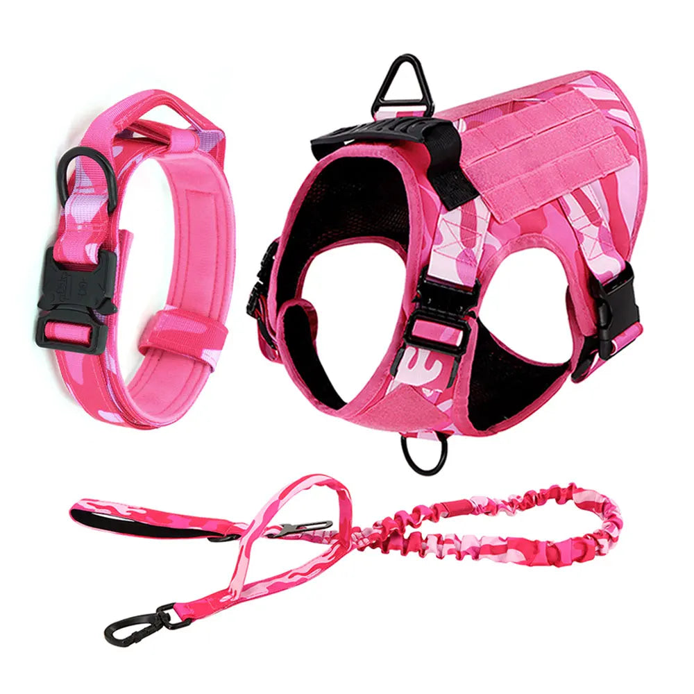 Military Pink Camouflage Dog Harness For Large and Medium Dogs , Adjustable Tactical Training Vest