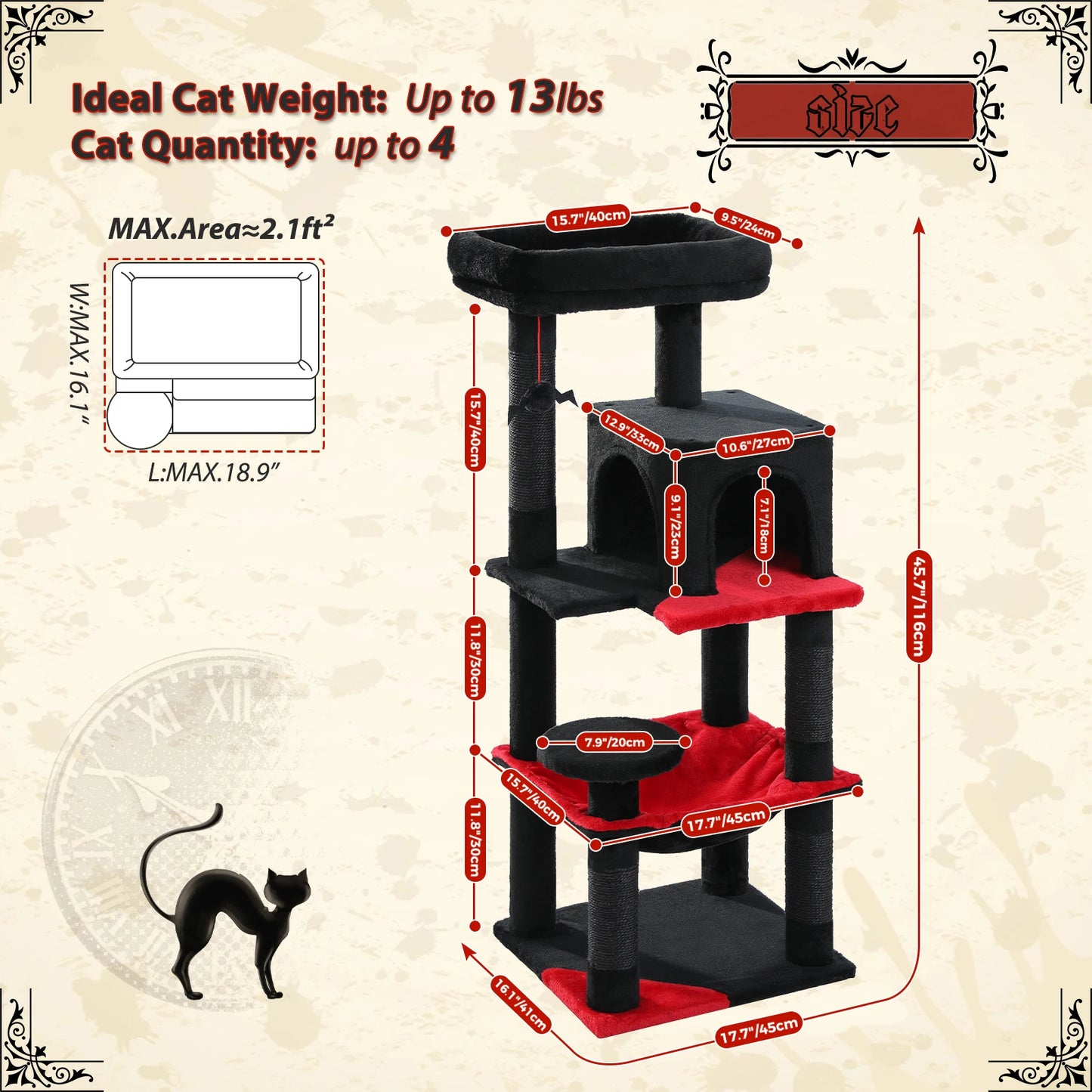 Gothic Cat Tree for Indoor Cats, Tall Cat Tower with Super Large Hammock, Sisal Covered Scratching Post ,Cozy Condo ,Top Perch