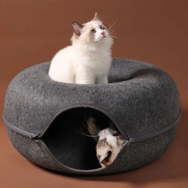 Donut Cat Bed with Interactive Tunnel , Felt Indoor Toys for Cats